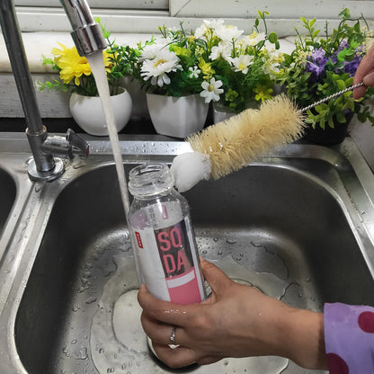 NewFerU Stainless Steel Soda Bottle Cleaning Brush in Natural Boar Bristle Wool Tip Long Handle, Flexible Bendable Thick Wire Cleaner for Narrow Neck Water Baby Bottles Straw Pipe Tube Flask (Big)