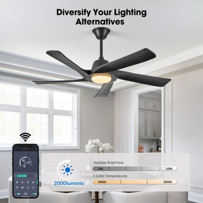 LVYEAYOU Ceiling Fan with Light, 52 Inch Solid Wood Ceiling Fans, Remote and APP Control, 3-color Dimmable, DC Motor, 6-speed Reversible, for Bedroom, Living Room, Black