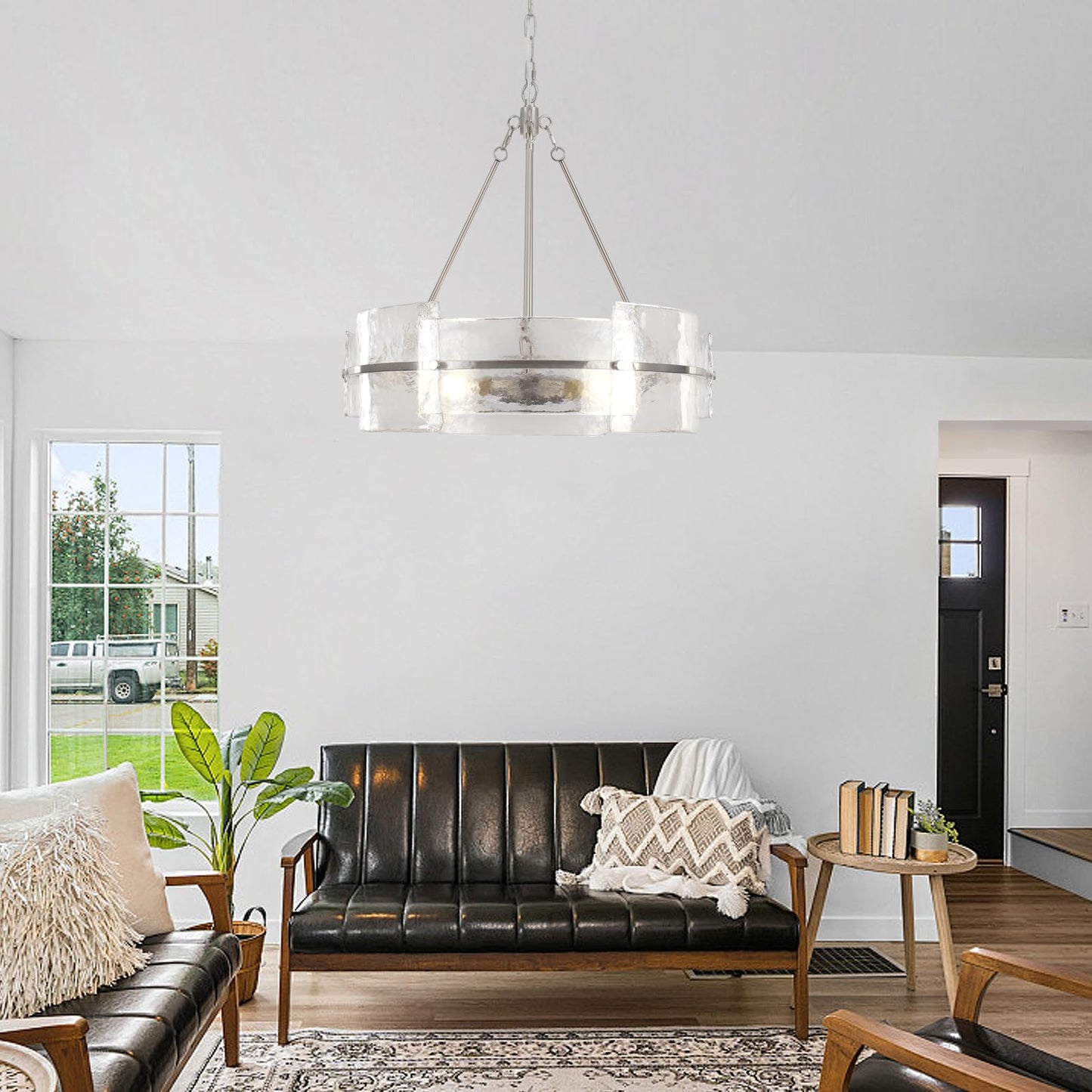 Corlaceling Modern Glass Dining Room Chandelier, 22 inch Brushed Nickel Drum Kitchen Island Light Fixture Luxury Textured Glass Water Ripple Crystal Chandeliers for Living Room Foyer Bedroom