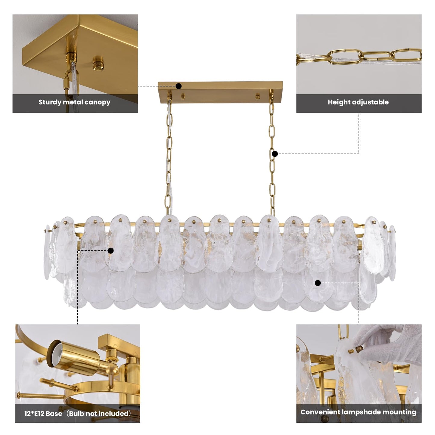 Giawosth Modern Rectangle Glass Chandelier, 43.31 Inch Gold Luxury Crystal Pendant Light, 12-Light Oval Cloud-Shaped Fixture for Island Lights Dining Room, Living Room, E12 Socket