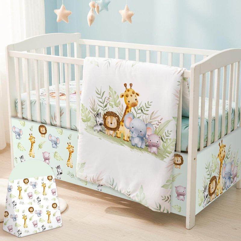 Hahafelt 4 Pieces Baby Crib Bedding Set for Girls and Boys, Soft Baby Bedding Set Including Crib Skirt, Comforter, Sheet and Diaper Stacker for Nursery (Wildlife Theme)