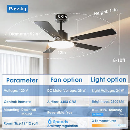 Passky Ceiling Fans with Lights, 52 inch Sleek Ceiling Fan with Light and Remote Control, 3CCT, Dimmable, Reversible, Noiseless, Black Ceiling Fan for Bedroom, Living Room
