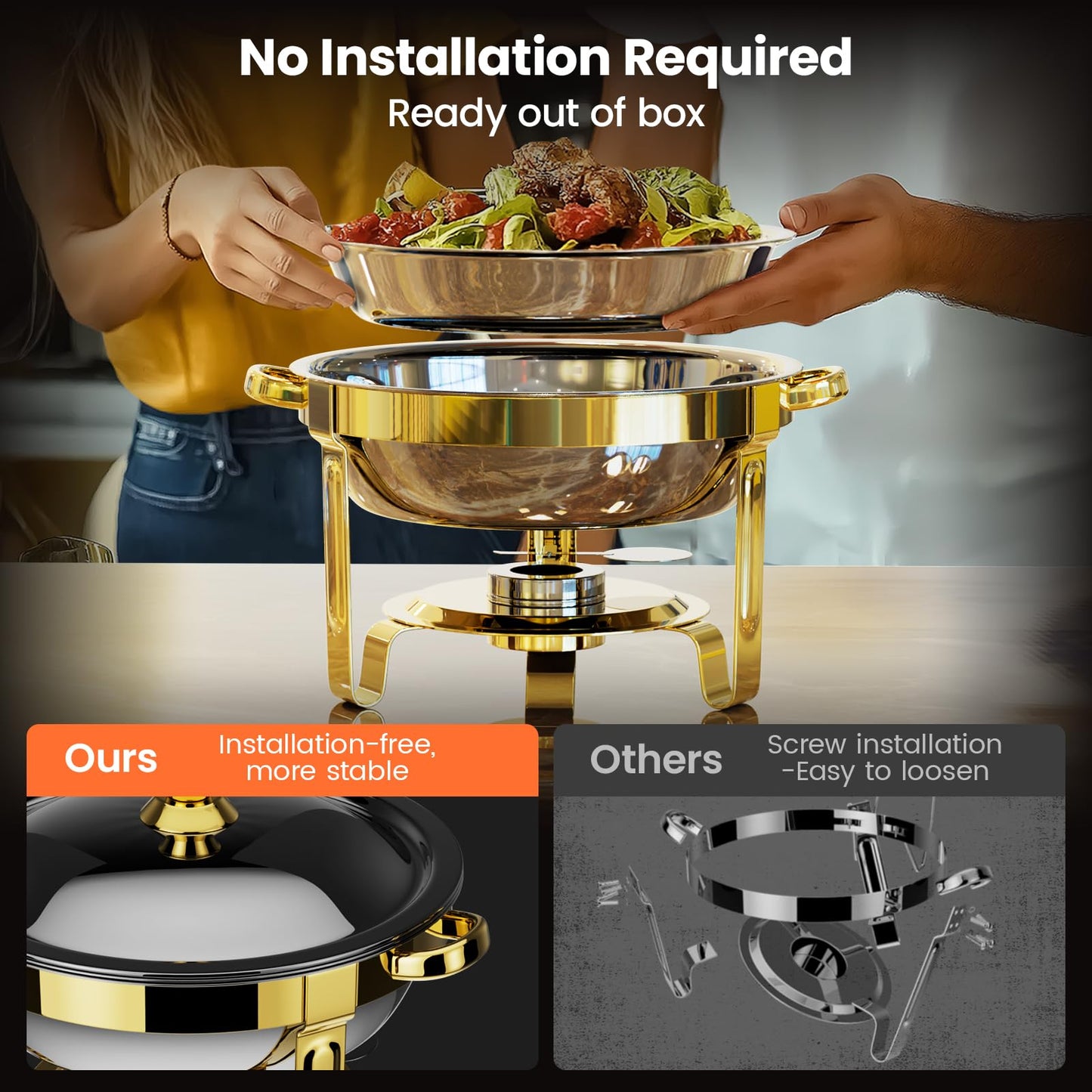 Round Chafing Dishes for Buffet 4 Pack, 6QT Chafers and Buffet Warmers Sets with 2 Heat-Proof Gloves, 4 Spoons, 4 Slotted Spoons & 4 Tongs, Gold Chafing Dishes for Buffet Parties Gatherings