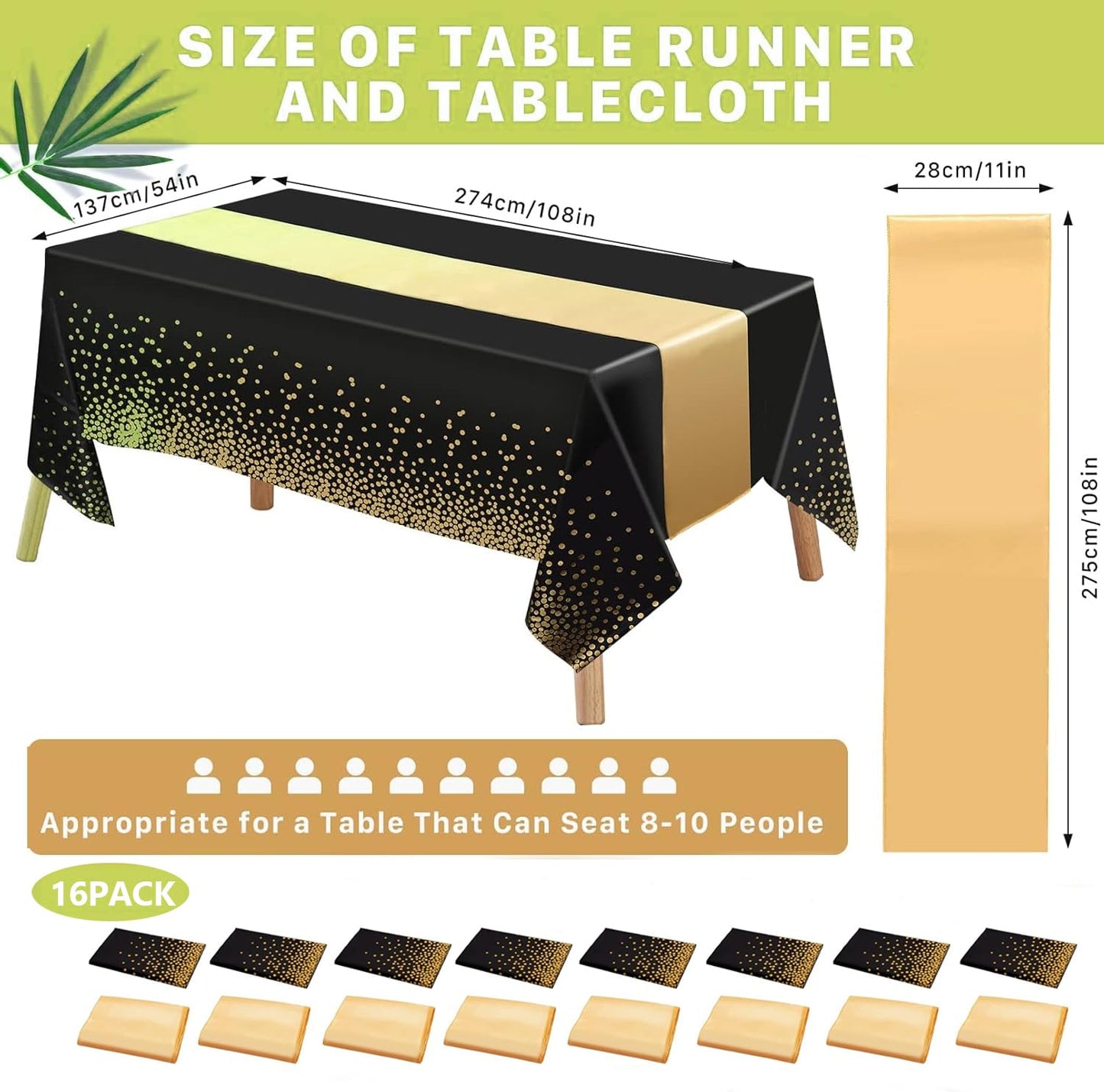 Jeffbaubl 8 Set Tablecloths and Satin Table Runner, 8 Black and Gold Dot Table Cloth 54 x 108 Inch, 8 Gold Satin Runners 11 x 108 Inch, Disposable Plastic Tablecloth for Parties Wedding Birthday