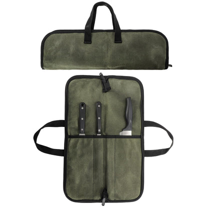 Tosnail Chef Knife Roll Bag with 4 Slots, Heavy Duty Waxed Canvas Knife Bag with Handle, Kitchen Knife Storage, Portable Knife Carrying Case