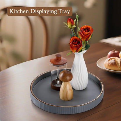 12" GORESE Round Coffee Table Tray for Home Decor, PU Leather Decorative Serving Tray for Home & Entryway Tables