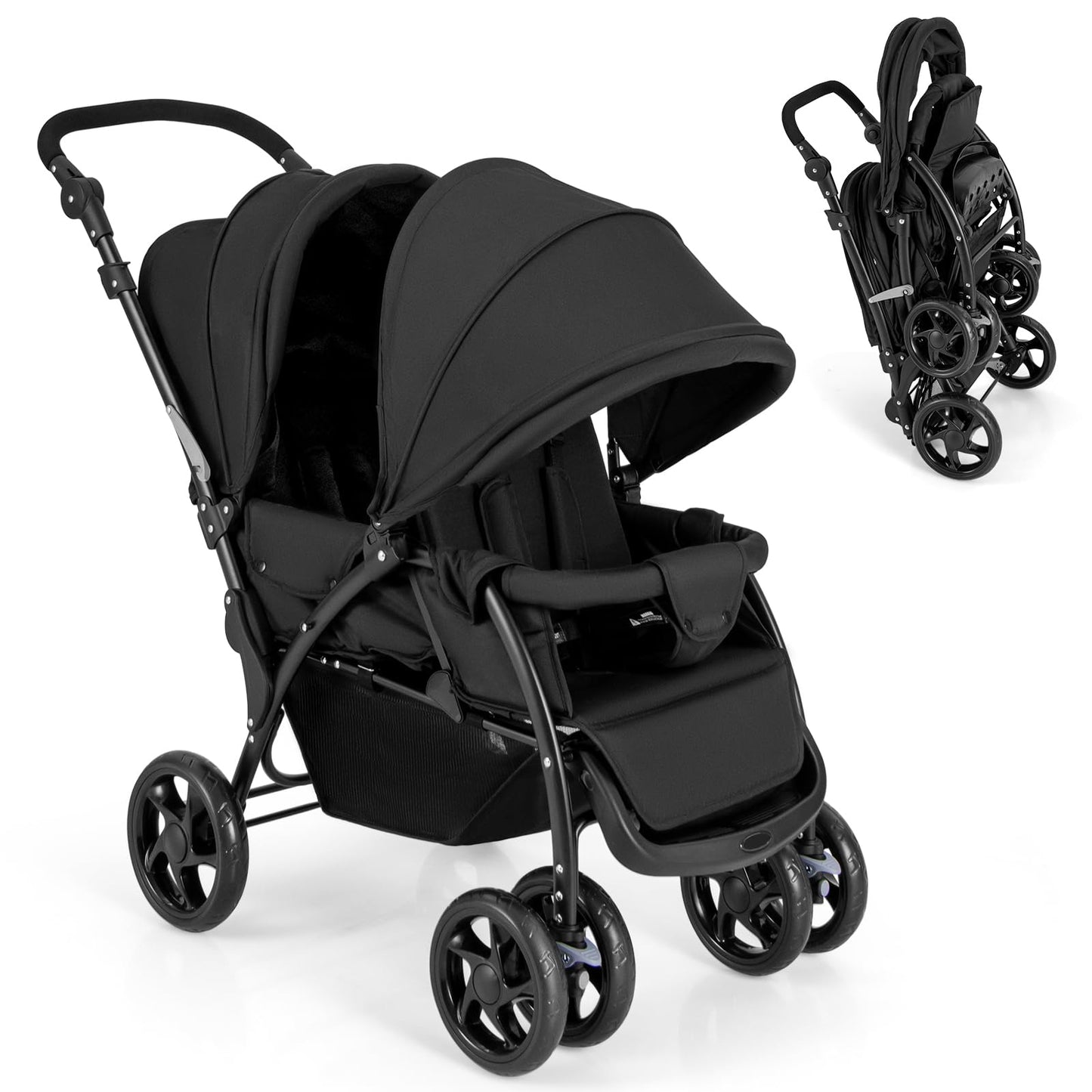 GLACER Foldable Twin Stroller, Double Baby Stroller w/Multi-Level Backrest, Canopy, Handle & Footrest, Safety Belt & Brake System, Travel Tandem Seating Stroller w/Lockable Wheels (Black)