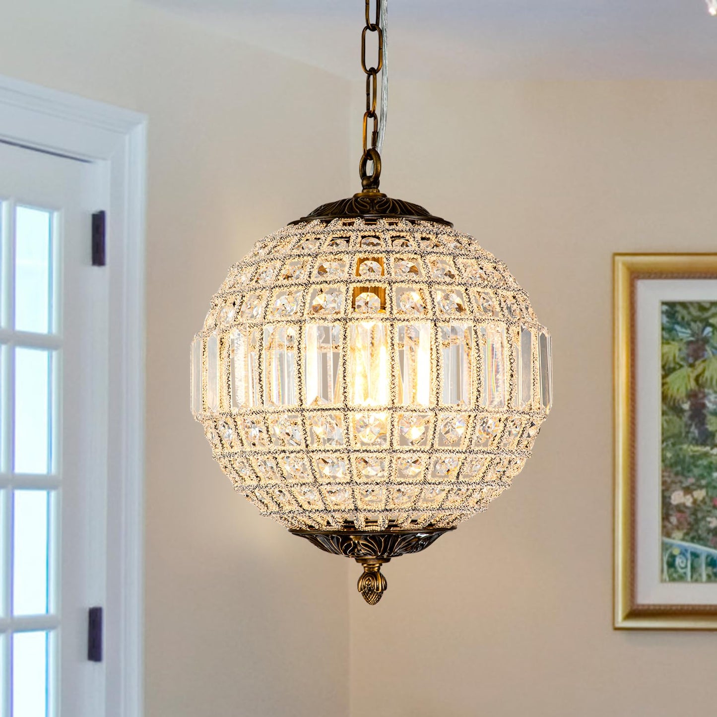 HUOKU Antique Crystal Globe Chandelier, 11.8" Vintage Small Sphere Chandelier Crystal Pendant Light Fixture for Foyer Dining Room Kitchen Island Bronze