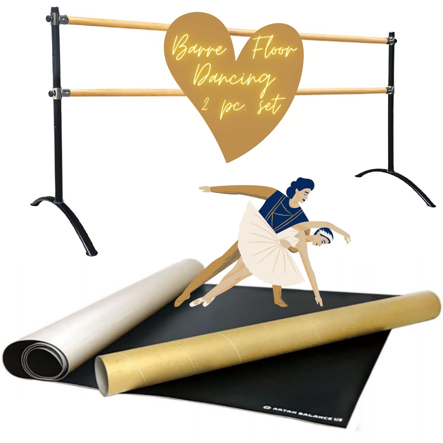 Artan Balance Dance Floor and Ballet Barre Portable for Home or Studio, Freestanding Adjustable Double Bar, Kids and adults, 2 pc. Set