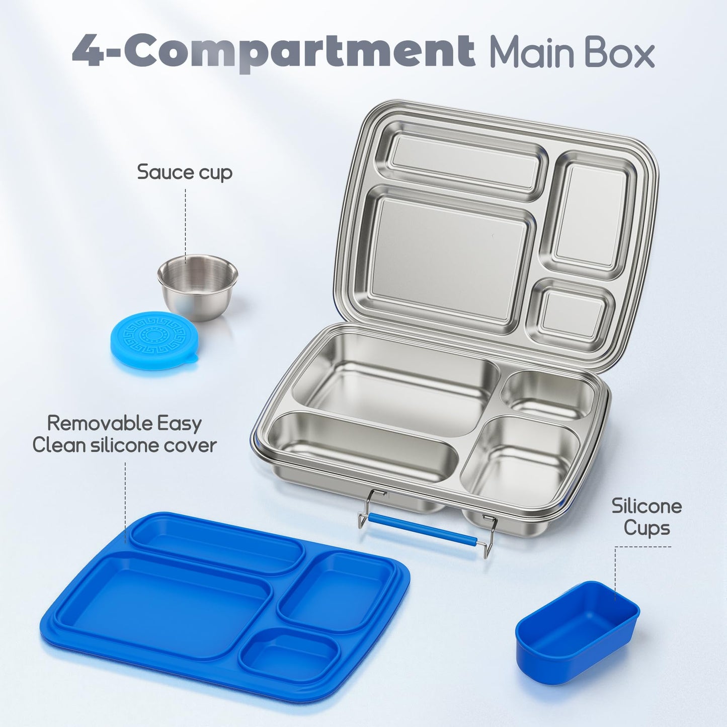 Eoika Stainless Steel Bento Box for Kids, Kids Lunch Box with 4-Compartment, Metal Lunch Box with Silicone Container & Sauce Cup, Durable Lunch Box Containers for School and Office (Blue)