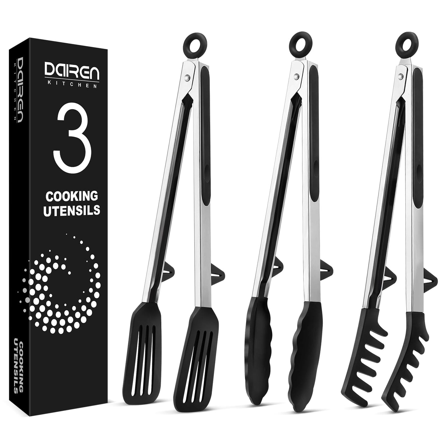 Kitchen Tongs for Cooking, Non Scratch Silicone Tip for Nonstick Cooking Pans, Food Grade Mini Serving Tongs, Pull Lock, Set of 3, Black (BLack, 12 inch)
