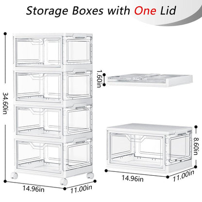 SNSLXH Portable Clear Storage Bins with Lid & Wheels, 24QT Clear Storage Bins with Lid, 4-Tier Plastic Bins with Wheels, Stackable, Magnetic Doors, for Bedroom, Living Room, Office