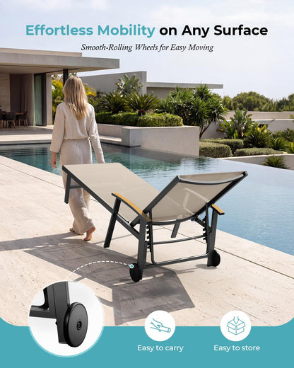 Ciokea Outdoor Lounge Chair with Pillow Set of 2, 5-Position Aluminum Chaise Lounge with Wheels & Armrests, 400 lbs Heavy Duty Patio Pool Chair for Backyard, Deck, Beach & Poolside, Khaki