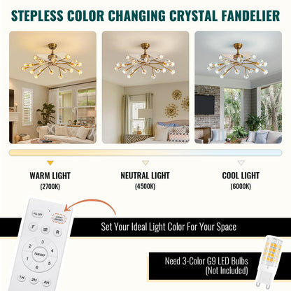 Siljoy 18 Lights Modern Crystal Ceiling Fan Light and Remote Control, Farmhouse Brass Gold Sputnik Crystal Fandelier, Reversible Ceiling Fan Light Kit for Living Dining Room Bedroom 42 Inches