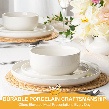 EWFEN Plates and Bowls Sets, 12 Pieces Ceramic Dinnerware Set for 4, Stoneware Dishware Dishes Set, Scratch Resistant Dishes Set, Dishwasher & Microwave Safe, White