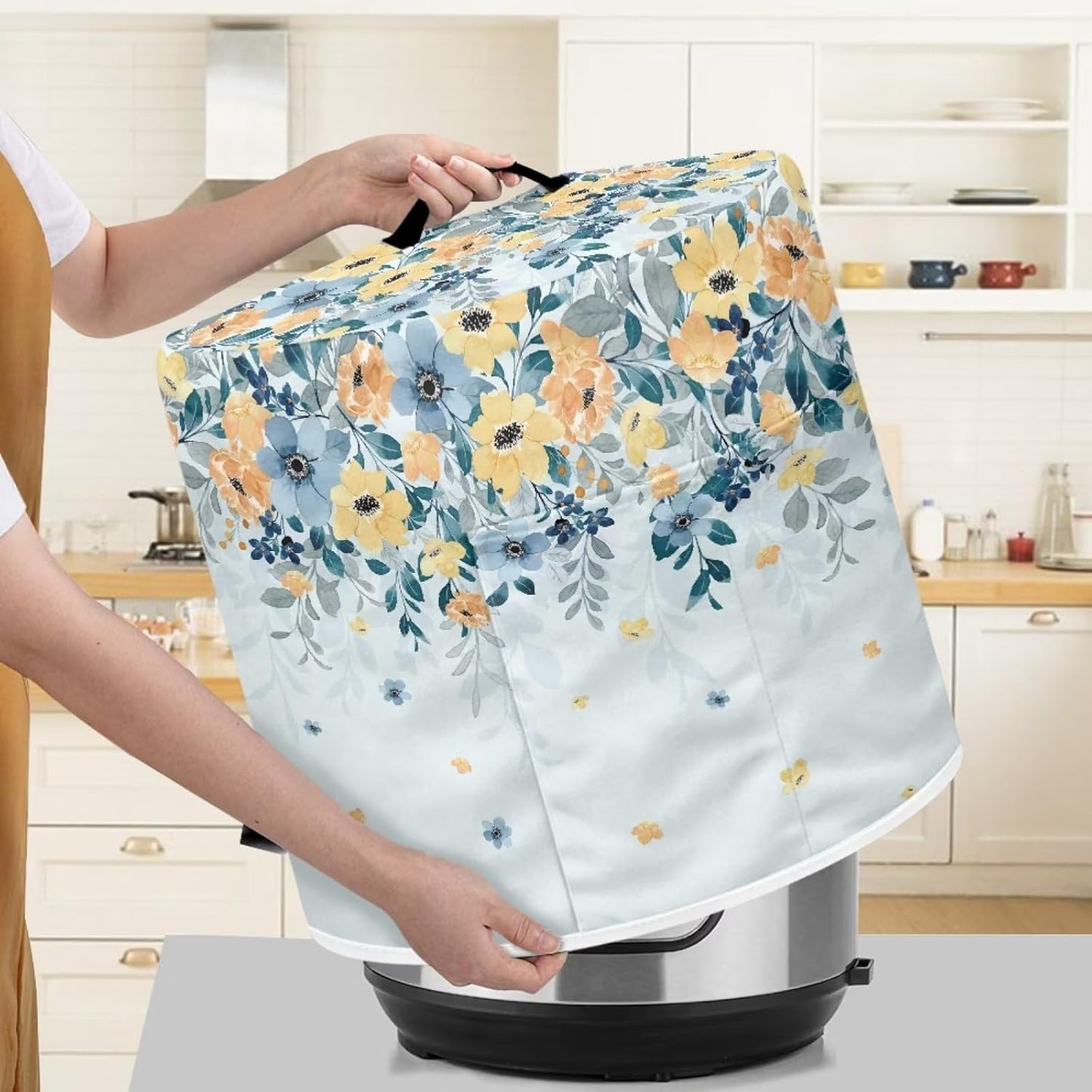 Round Dust Cover for Kitchen Appliance, Floral Printed Durable Rice Cooker Air Fryer Cover 8Qt