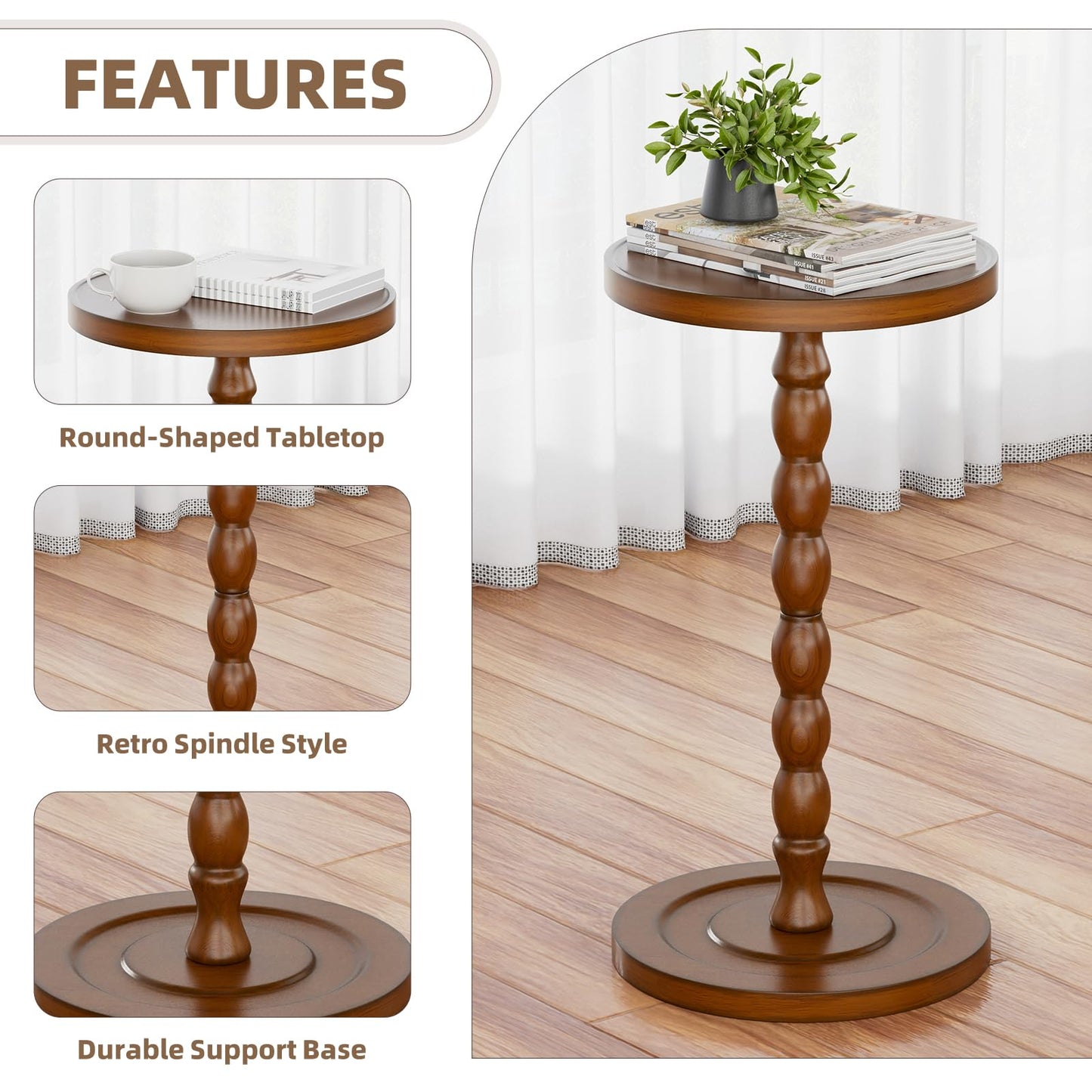 Simple Trending Small Side Table, Round Drink Table for Small Spaces, Pedestal Coffee Table for Living Room, Rustic Brown