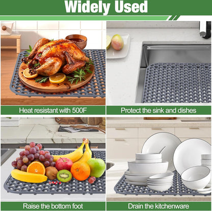 Sink Protectors Mat - 25.79"x13.98" Kitchen Sink Pad for Bottom of Basin for Protection of Stainless Steel and Tableware, Farmhouse Rubber Basin Mat Protector with Center Drain - Light Gray
