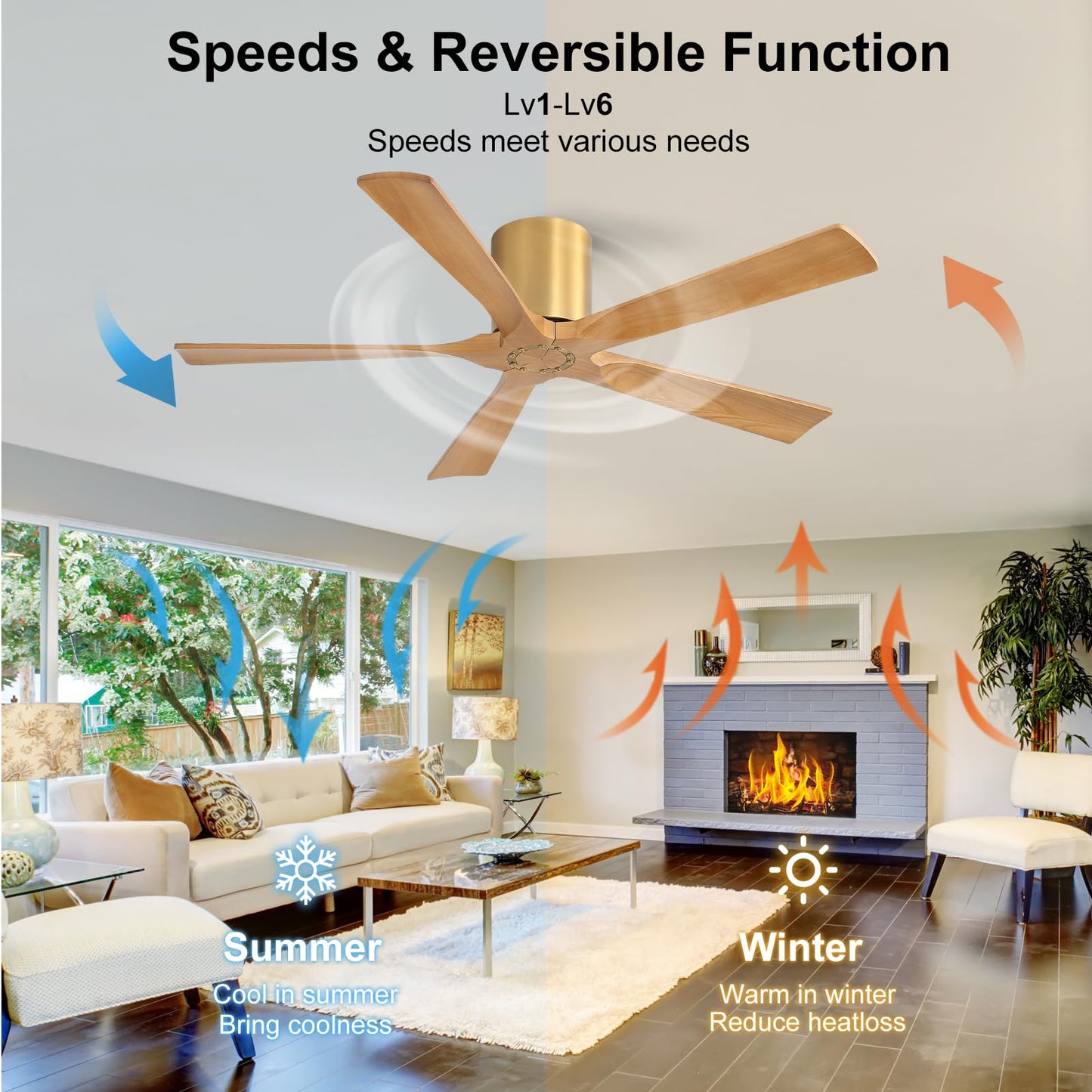 ELEHINSER 52 inch Low Profile Ceiling Fan without Light, 5 Solid Wood Blades, 6-Speeds, Quiet DC Motor, Timer, Flush Mount Modern Ceiling Fan with Remote for Living Room Bedroom, Gold + Beechwood
