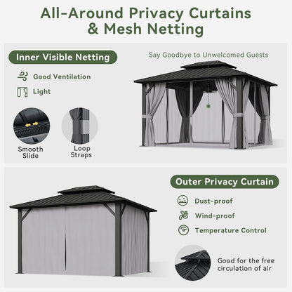 Aoxun 10'x12' Hardtop Gazebo, Aluminum Frame Canopy with Double Galvanized Steel Roof, Outdoor Metal Pavilion with Netting Curtains and 20 inch Ceiling Fans with Lights for Backyard, Patio and Deck