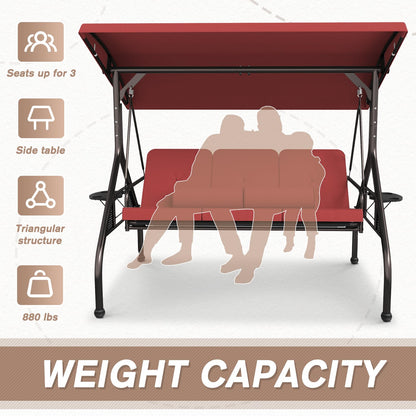 Patiomore 3 Seat Outdoor Porch Swing Chair, Adjustable Canopy Swing Bench, Convertible Backrest Swing Bed with Thicken Cushions, Pillow & Cup Hold (Wine Red)