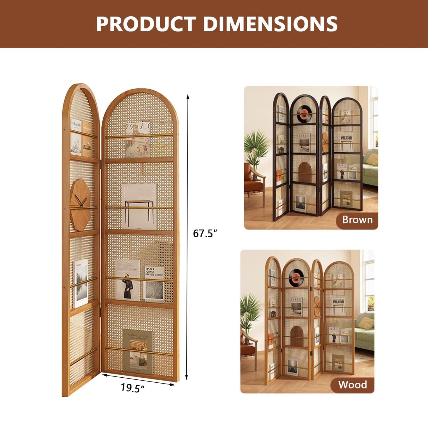 Rattan Room Divider Portable Partition with Built-in Bookshelf, 67" Foldable Privacy Screen for Room Separation, Home Office, Bedroom, 2 Panel Design