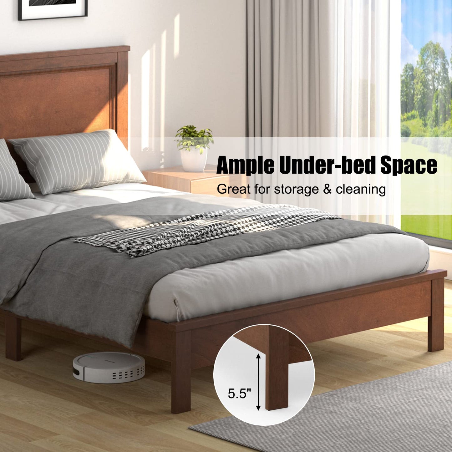 KOMFOTT Full Size Wood Platform Bed Frame with Headboard, Wooden Mid Century Platform Bed with Slat Support & Under Bed Storage, Mattress Foundation Bed Base, No Box Spring Needed, Walnut