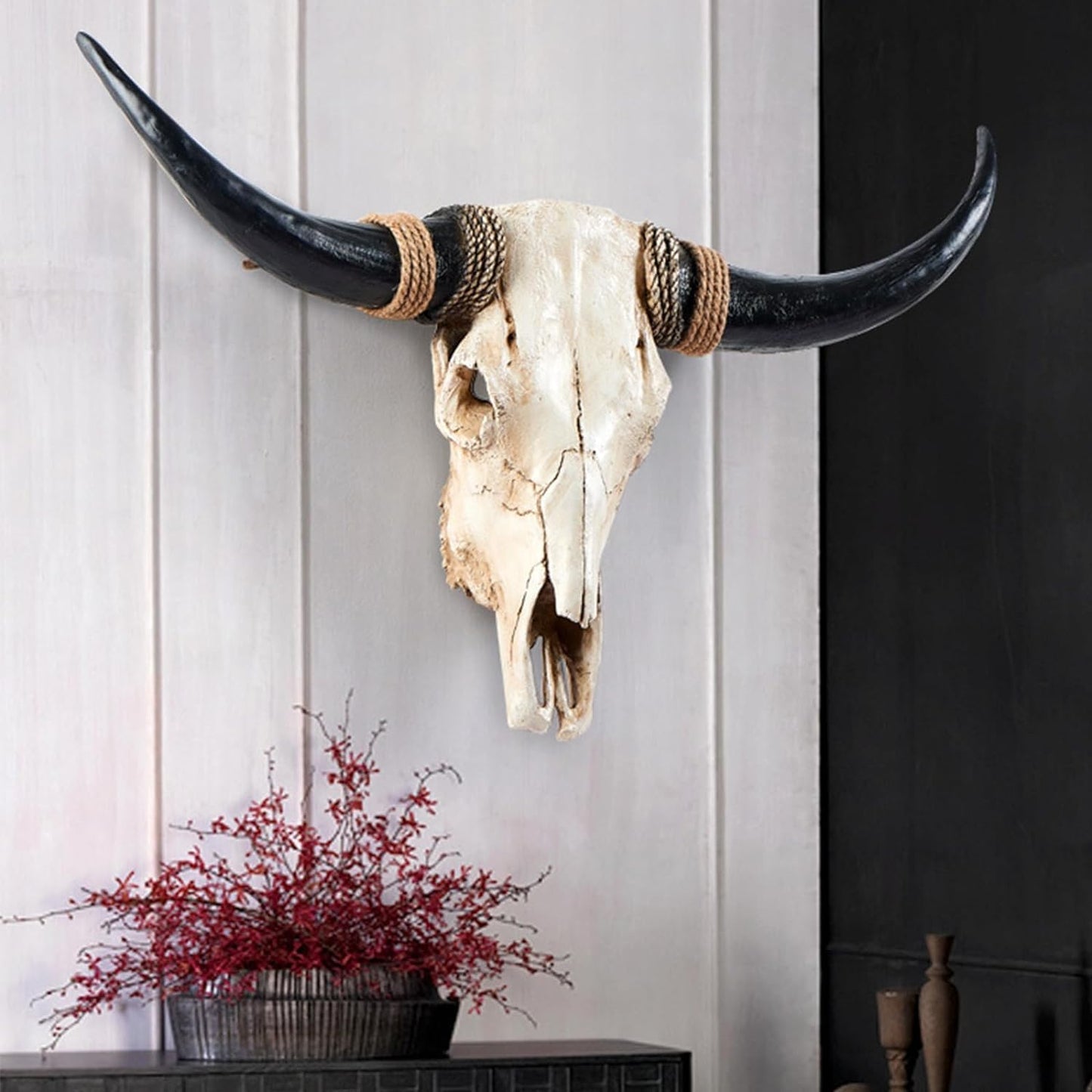 XOUXYJUN 31 Inch Cow Skull Wall Decor, Long Horn Wall Hanging, Faux Longhorn Skull Faux Taxidermy Animal Head, Handmade Resin Home Sculpture Faux Bull Horns for Wall (Brown)