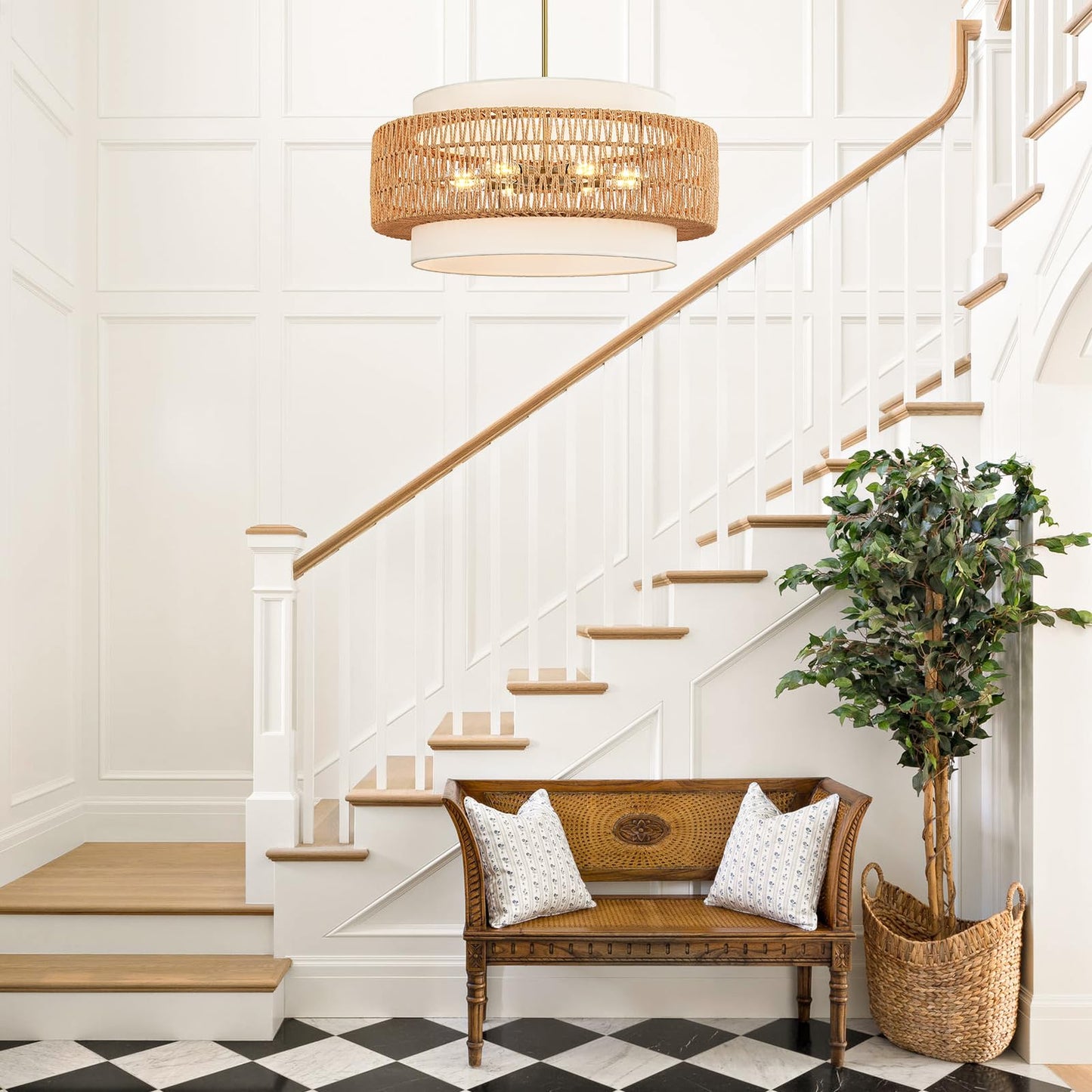 6-Light Boho Rattan Chandelier, 25.6" Large Rattan Pendant Light with Fabric Shade, Farmhouse Hand Woven Chandelier Hanging Ceiling Light for Dining Room, Living Room, Kitchen Island, Foyer, Hallway
