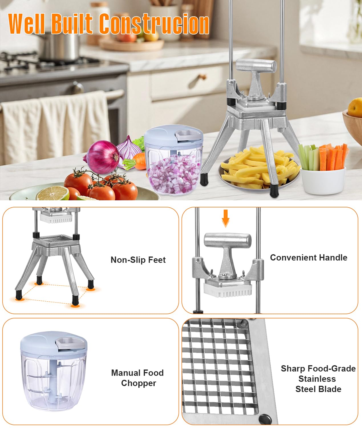 BotaBay Commercial Vegetable Fruit Chopper 1/4″&3/8″ Blade Heavy Duty Professional Food Dicer Kattex French Fry Cutter Onion Slicer Stainless Steel for Tomato Peppers Potato
