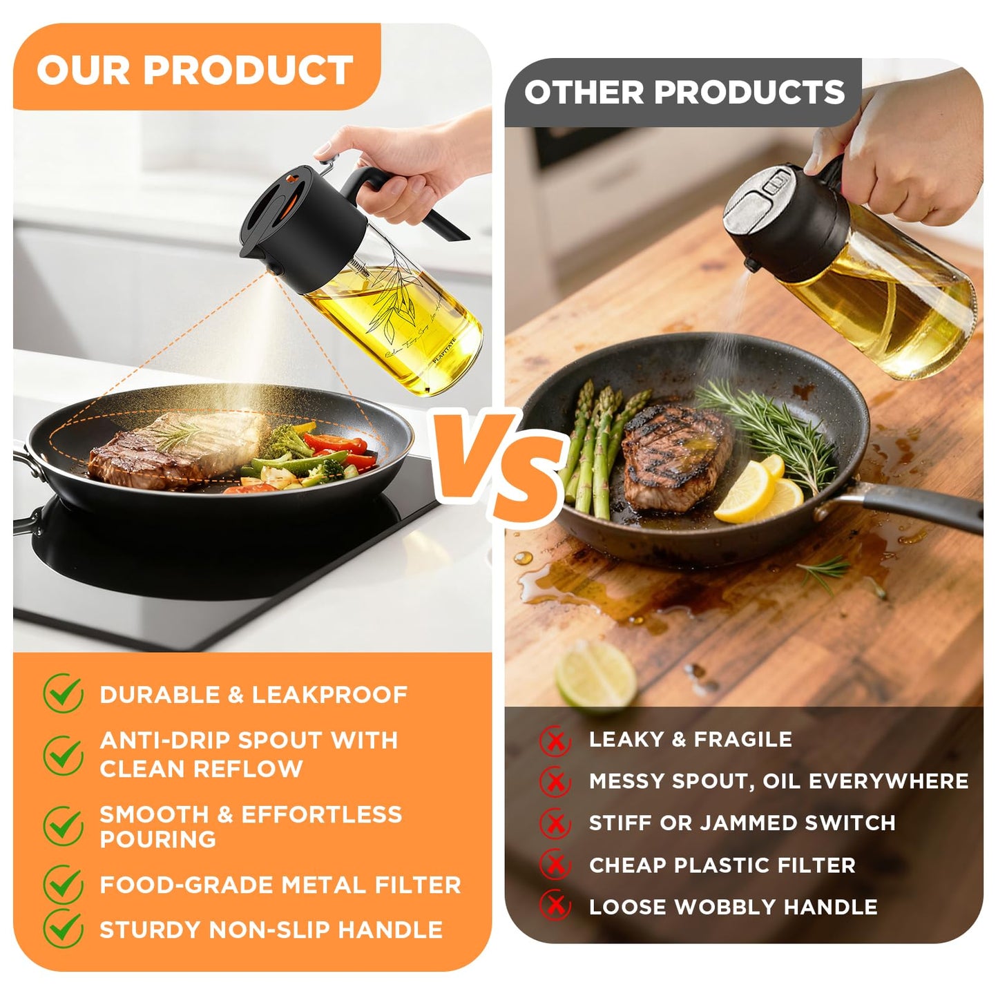 PLAPITATE 17oz/500ml Premium Olive Oil Sprayer for Cooking, 2 in 1 Glass Olive Oil Dispenser Bottle for Kitchen Gadgets, Spray Bottle with Portion Control for Salad, Frying, BBQ (Black)