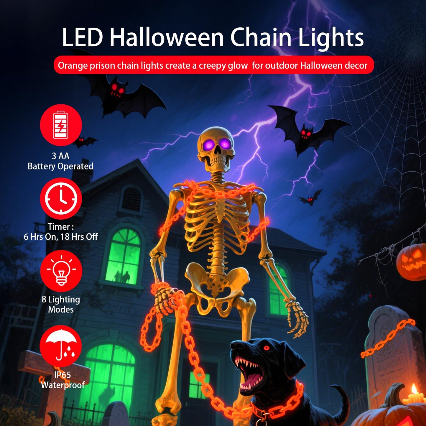 10Ft Battery Operated Plastic Chain Lights for Halloween Decorations, 8 Modes Timer Orange Halloween String Lights Waterproof Lighted Props Chains for Skeleton Dog, Haunt House,Costumes Party Decor
