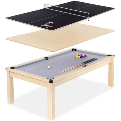 GoSports 8 ft 3 in 1 Pool, Dining, & Table Tennis Combo Table and Storage Benches - Convertible Billiards with Game Accessories - Light Birch
