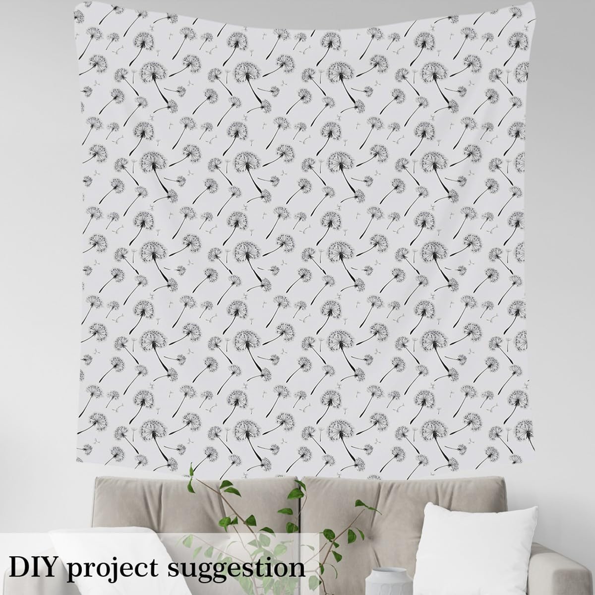Dandelion Fabric by The Yard Black and White Blooming Flower No Stretch Fabric for Handmade Supplies Wild Outdoor Botanical Plants Soft Flannel Polyester Fabric for DIY Home Accents 2 Yard Bolt,72x59