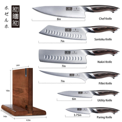 HOSHANHO 7 Pieces Kitchen Knife Set, Japanese High Carbon Stainless Steel Magnetic Knife Block Set, Ultra Sharp Chef Knives Sets with Ergonomic Pakkawood Handle