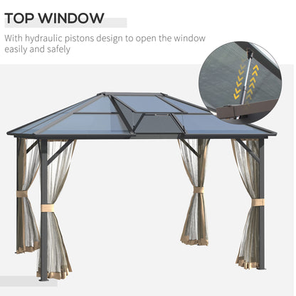 GOWE 10' x 12' Hardtop Gazebo Canopy with Polycarbonate Roof, Top Vent and Aluminum Frame, Permanent Pavilion Outdoor Gazebo with Netting, for Patio, Garden, Backyard, Deck, Lawn