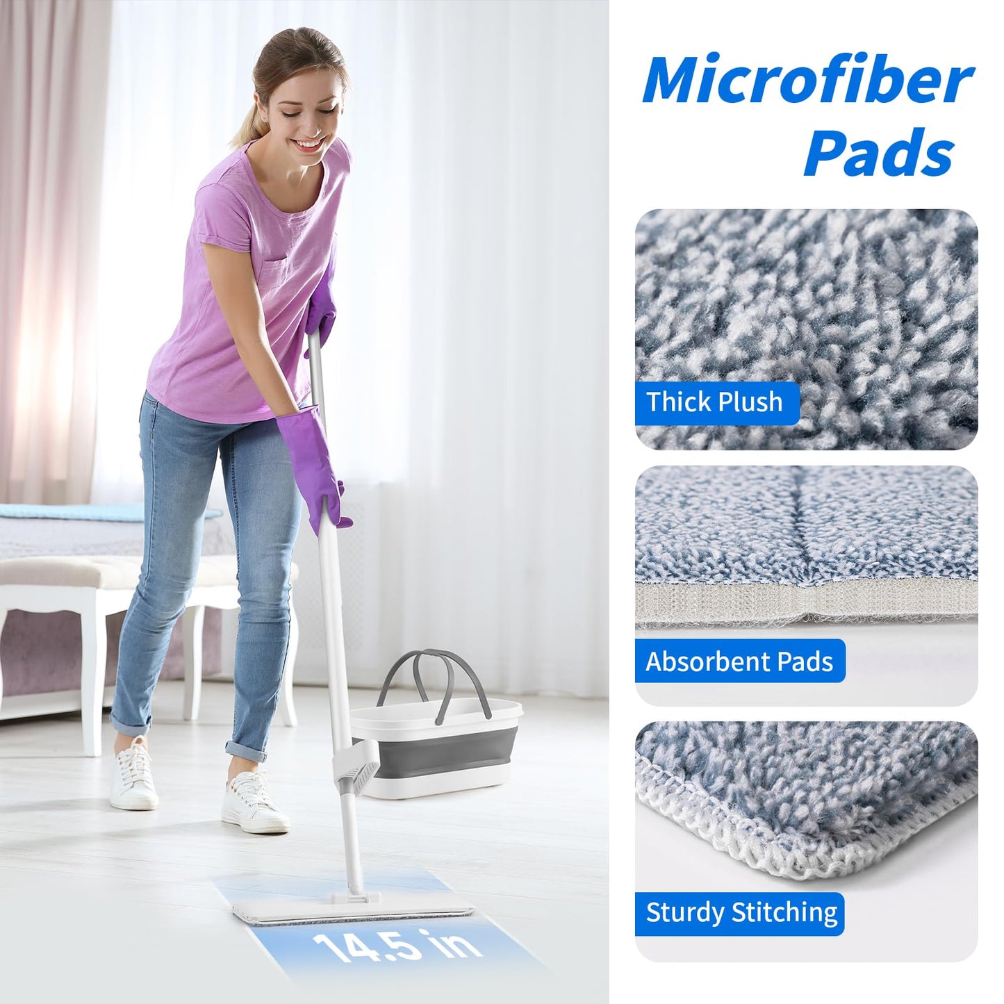 Oshang Flat Mop and Collapsible Bucket OG7 with Wheels, 2 Washable Reusable Microfiber Pads, Pure White