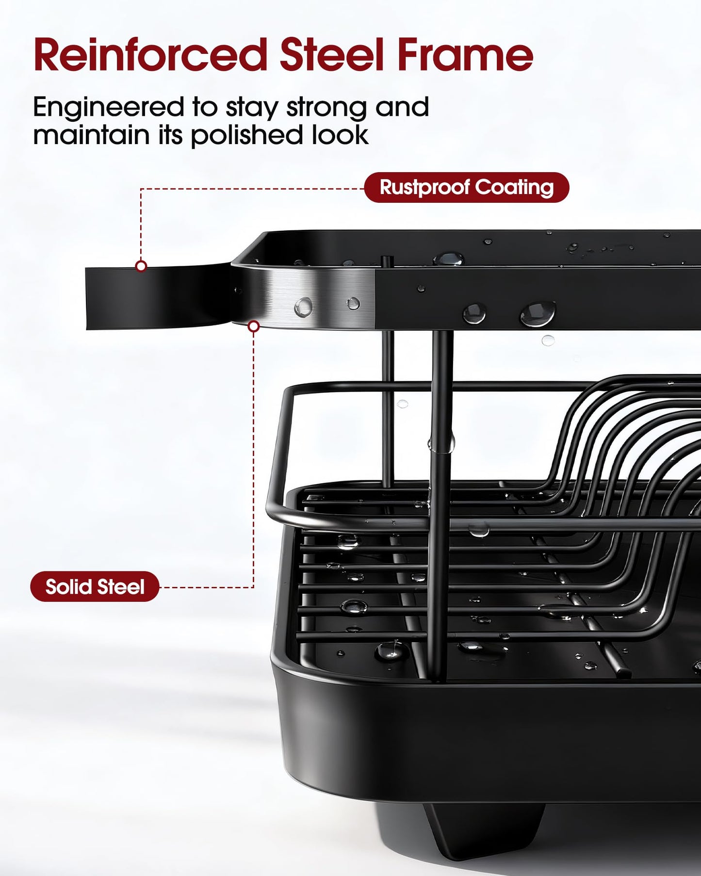 Sakugi Stainless Steel Dish Drying Rack for Kitchen Counter, Sink Organization and Storage Essentials with Silverware & Utensil Holder, Home and Apartment Decor, 12''W x 15.5''L, Black