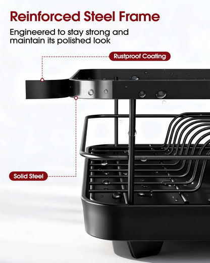 Sakugi Stainless Steel Dish Drying Rack for Kitchen Counter, Sink Organization and Storage Essentials with Silverware & Utensil Holder, Home and Apartment Decor, 12''W x 15.5''L, Black