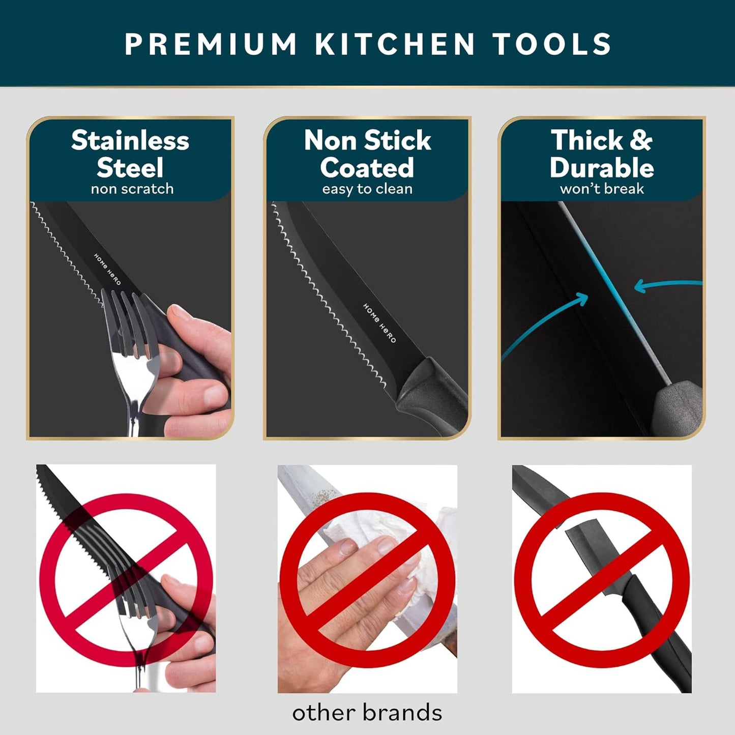 Home Hero 12-Piece Razor-Sharp Steak Knives Set, High-Carbon Stainless Steel with Ergonomic Handles for Precise Cutting