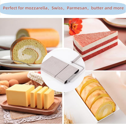 Direvcdro Stainless Steel Cheese Slicer with 5 Replacement Wires Adjustable Cheese Cutter and Cutting Board - For Block Cheese with Precision Scale for Gadget，Charcuterie etc