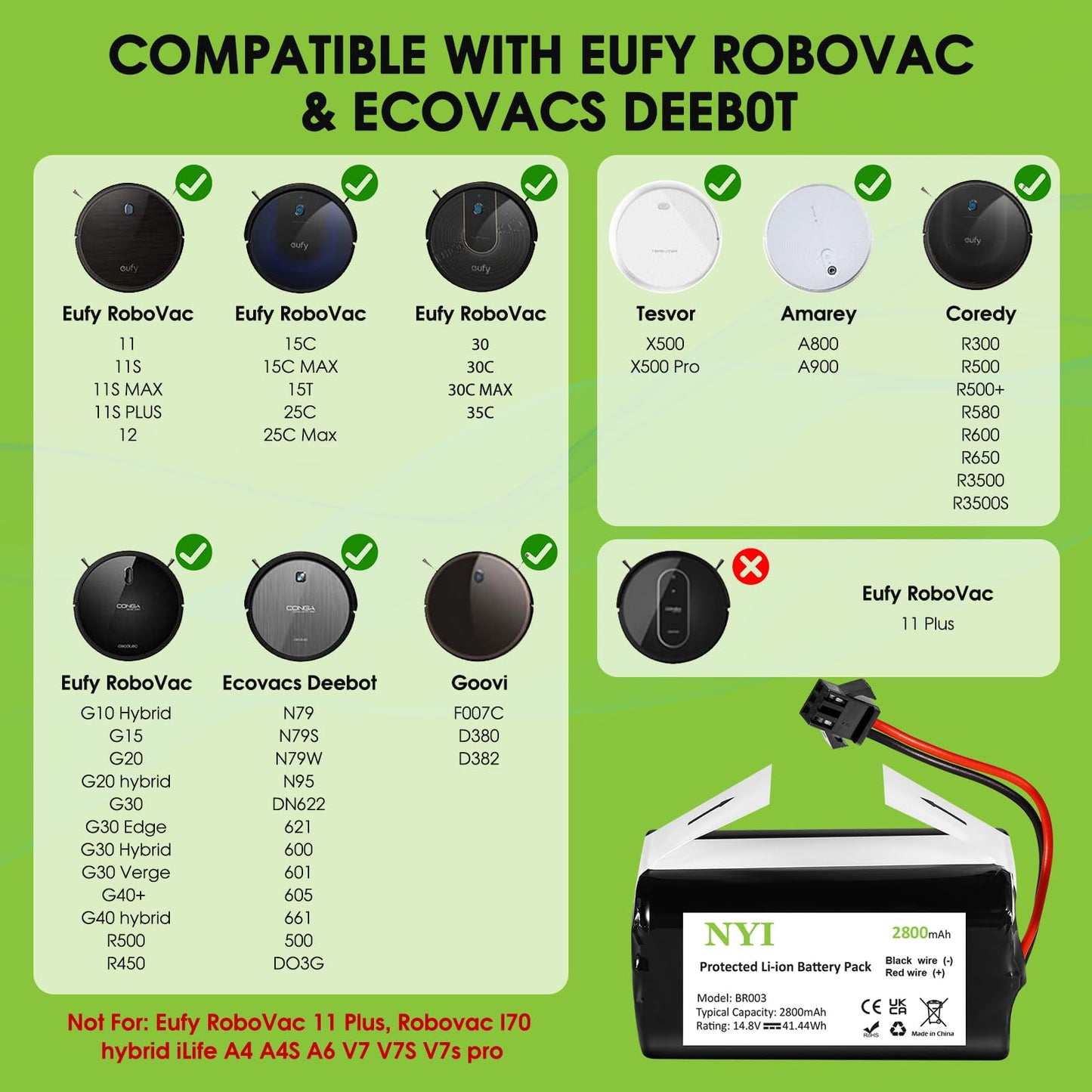 NYI Replacement Battery with Tools Compatible with Eufy RoboVac 11 11C 11S Plus 11S MAX 12 15C 15C MAX 15T 25C 30C G10 Hybrid G30 Edge R500 R450,Ecovacs Deebot N79 N79S N95 DN622 661,Goovi F007C Etc