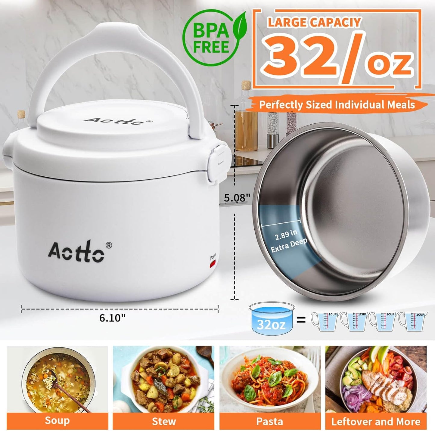 Aotto Electric Lunch Box - 32 oz Portable Food Warmer Heater, Spill-Free Lunch Warmer for Work/Office/Travel
