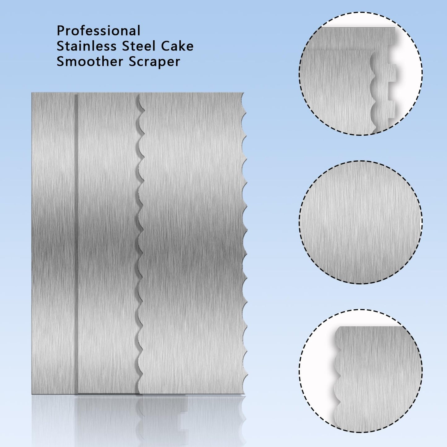 3 Piece 9 Inch Stainless Steel Cake Scraper, Cream Cake Scraper Sided Patterned Edge Stripe Edge Smoother Scraper Cake Smoother Frosting Scraper Cake Decorating Comb for Mousse Butter Cream