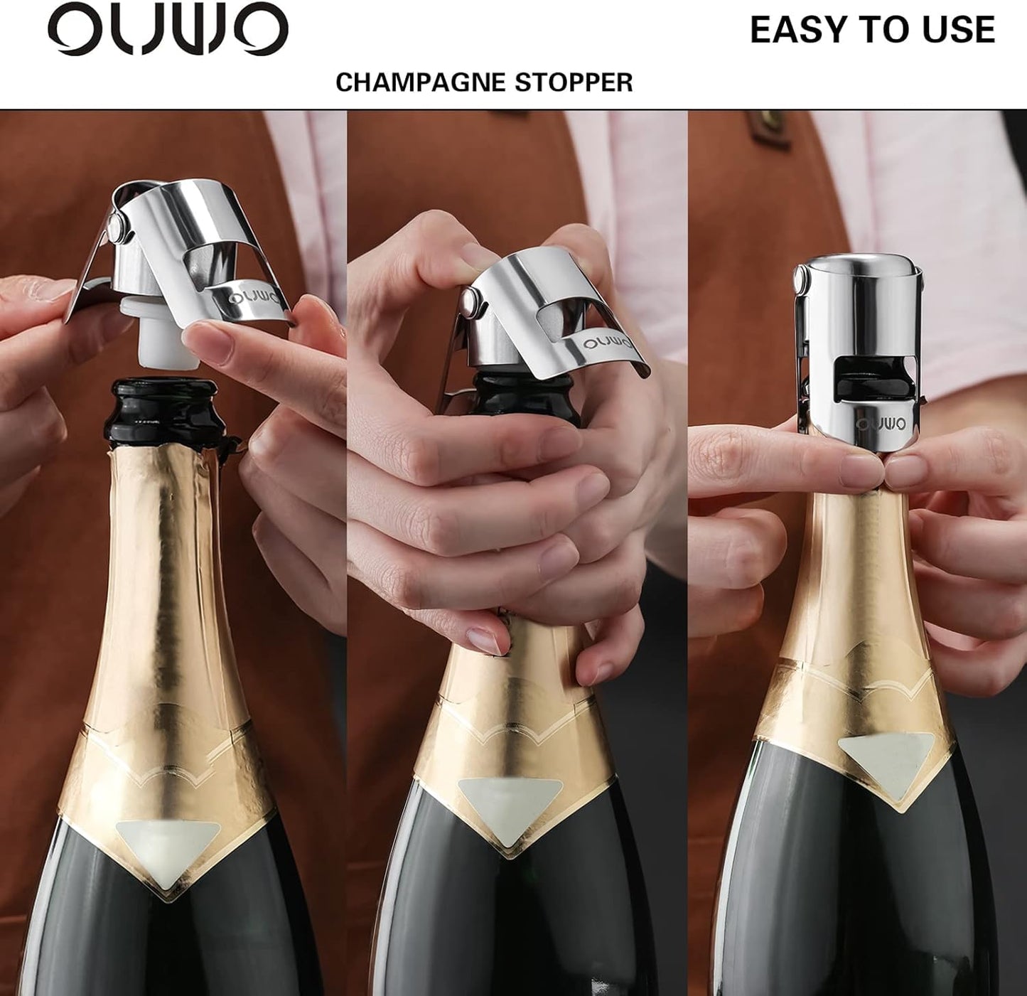 OUWO Champagne Stopper 6 Pack Stainless Steel Champagne Save with Food Grade Silicone, Leak-Proof Bubble Retaining Saver, Suitable for Champagne Prosecco Cava and Sparkling (Silver)