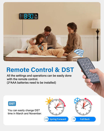Digital Wall Clock, Digital Clock Large Display with Remote Control, Corded LED Alarm Clocks with Date, Week, Temp, Humidity, Auto DST, Countdown, for Living Room Bedroom Classroom Office (Blue)