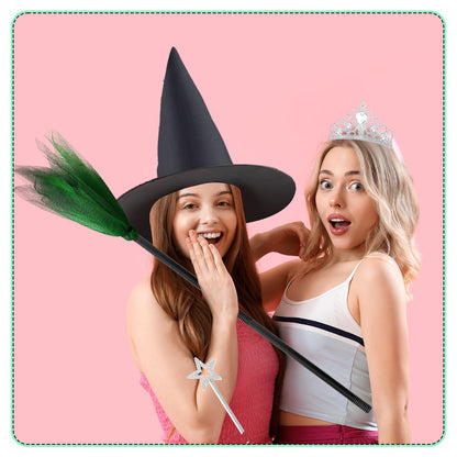 Yoloodayy 24 Pcs Witch Hats Brooms and Princess Crowns Star Wands Set Glitter Princess Accessories for Adults Witch Party Supplies Christmas Pink Green Party Decor Photo Props