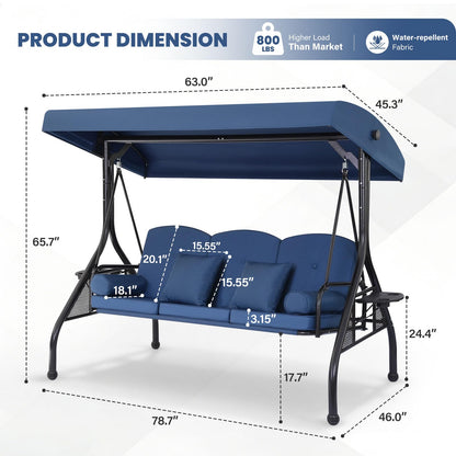 3 Seat Outdoor Porch Swing with Adjustable Canopy,2 in 1 Patio Swing Bed with Stand 800lbs for Adults,Outdoor Swing with Removable Cushion, Cup Holder ＆ Pillow for Backyard, Porch, Garden