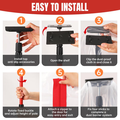 10FT Dust Barrier Poles Kit, 4 Pack Spring Retractable Zip Poles, with Heavy Duty Plastic Sheeting (32.8x13.1FT), 2 Zippers & Gloves, for Dust Barrier System, Renovation, Painting, Construction