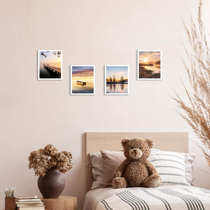 Color Play Lake Scene Wall Art - Sunset Nature Landscape Prints, Unframed 8x10 Inch 4 Piece Decor